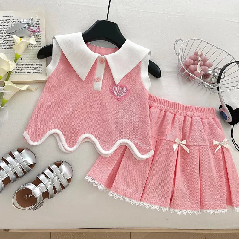 

2026New Summer Style Sweet and Cute Outfit for Girls: Fashionable Bowknot Sleeveless Top and Pleated Skirt Two-Piece Set
