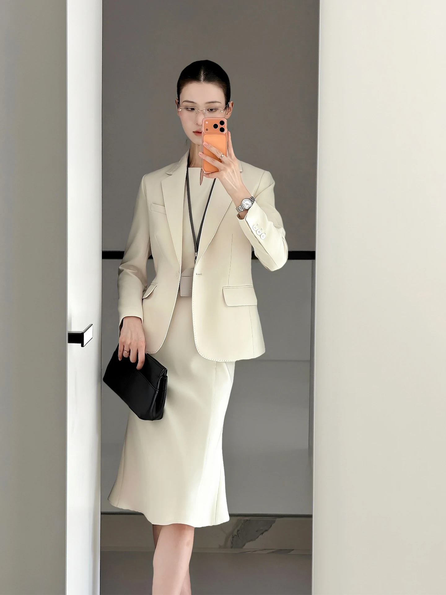 

White Tailored Acetate Suit Dress Set Women's Slimming Waist Commute Style Spring Summer New Arrival One Button Closure