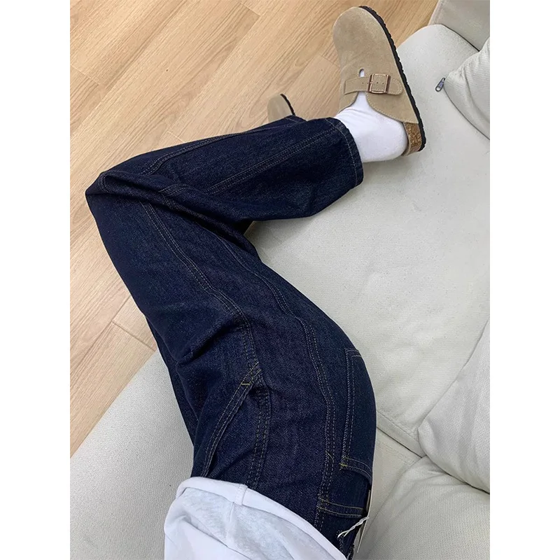 Dehnbare Denim-Jeans im Pendelstil, tiefblau, hohe Taille, weites Bein, Fleece-gefüttert, gerader Schnitt, für Damen, Übergröße, bequem