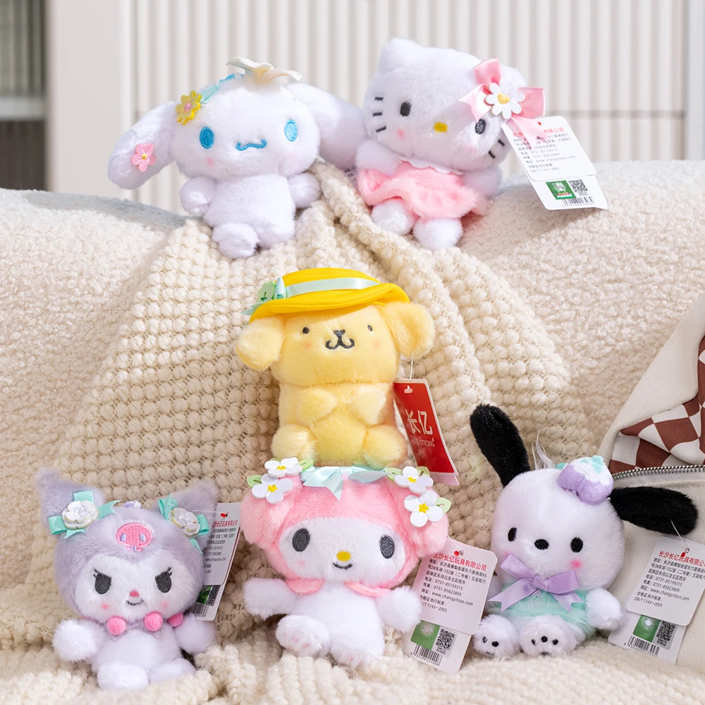 Sanrio Kawaii flor melodía Hellokitty Cinnamoroll Pachacco Purin Kuromi llaveros de felpa niñas bolsa teléfono coche llaveros de felpa