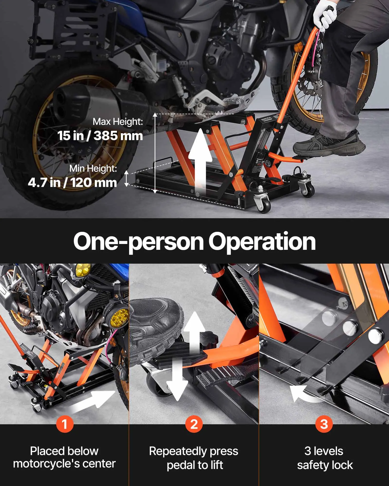 VEVOR 1500 LBS Steel Hydraulic Motorcycle Jack Stand, ATV Scissor Lift Jack with 4 Wheels, for Motorcycle ATV UTV Powersports view 3