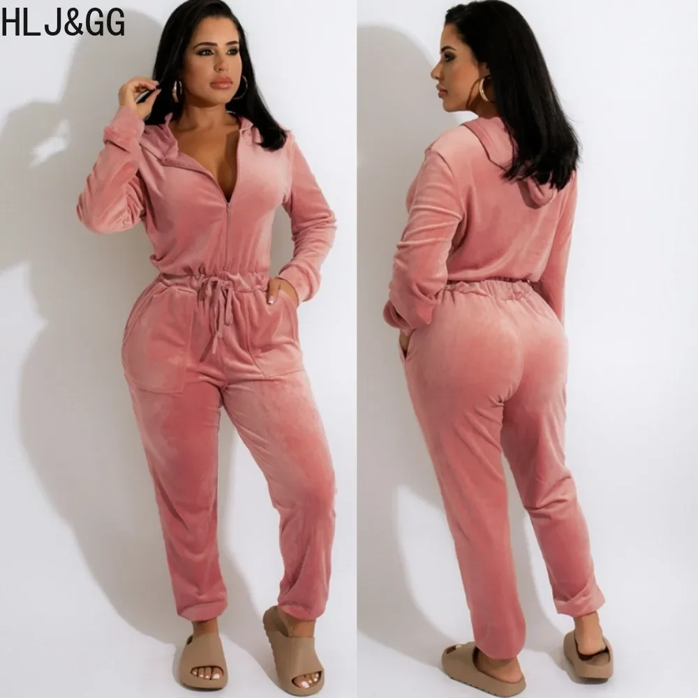 

HLJ&GG Winter Casual Velvet Drawstring Jumpsuits Women Hooded Zipper Long Sleeve Sporty Playsuits Female Jogger Pants Overalls