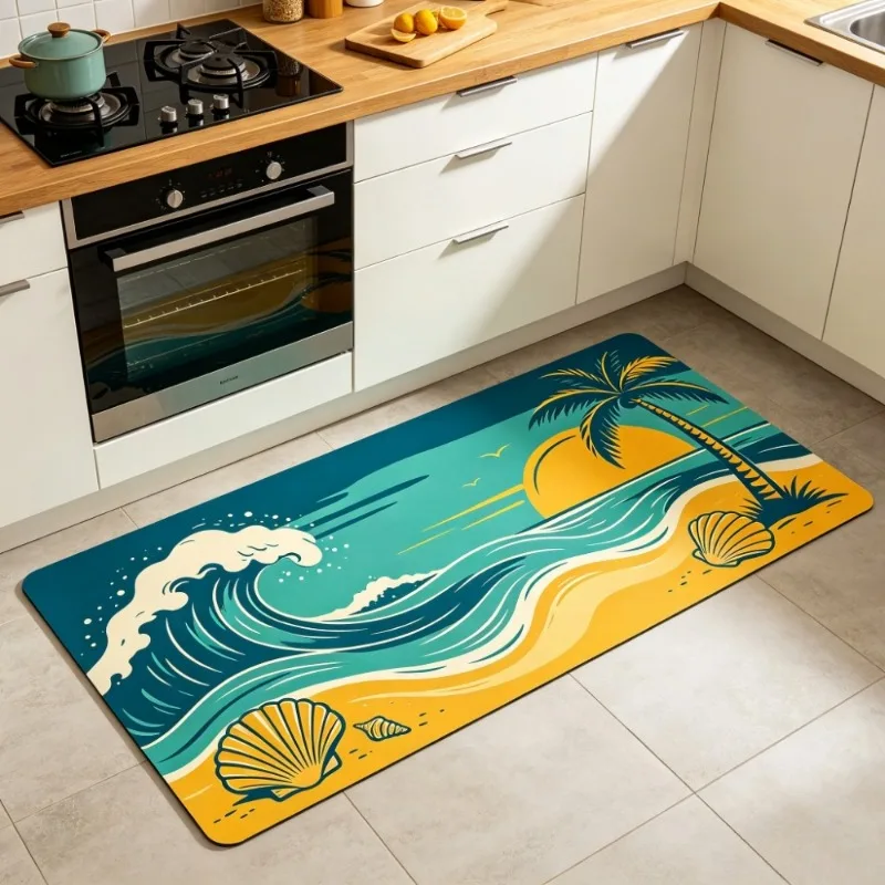 VIKAMA Summer Beach Vibes Kitchen Long Strip Mat Non-Slip Absorbent  Anti-Fatigue Floor Rug with Palm Tree & Shell Print