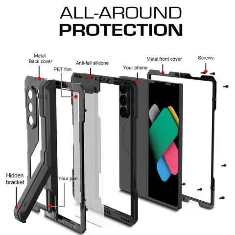Soporte de bolígrafo S, funda de Metal resistente para Samsung Z Fold 4 5 6 7, parachoques de aluminio de doble capa resistente, cubierta a prueba de golpes, película de pantalla PET