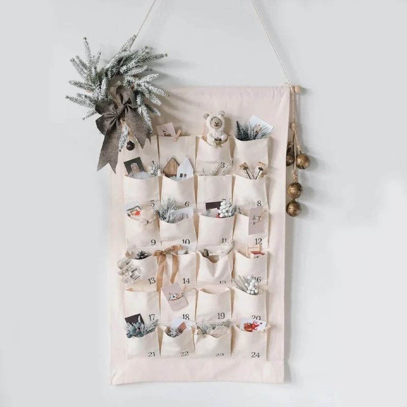 

24-дневный холст, Адвент-календарь, праздничные аксессуары, канун Рождества, домашний камин, подвесное украшение, рождественские карманы обратного отсчета