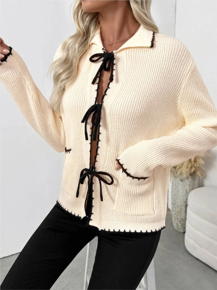 

Winter Clothes Woman Pulls Femmes Sweet Little Fragrant Sweater Bow Tie Lapel Contrast Cardigan All-match Simple Style Commuting