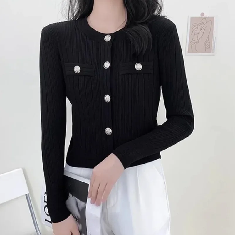 Chic Blue Knitted Cardigan Woman Gold Button Vintage Sweater Female Single-breasted Business Cropped Sweater Woman Tops