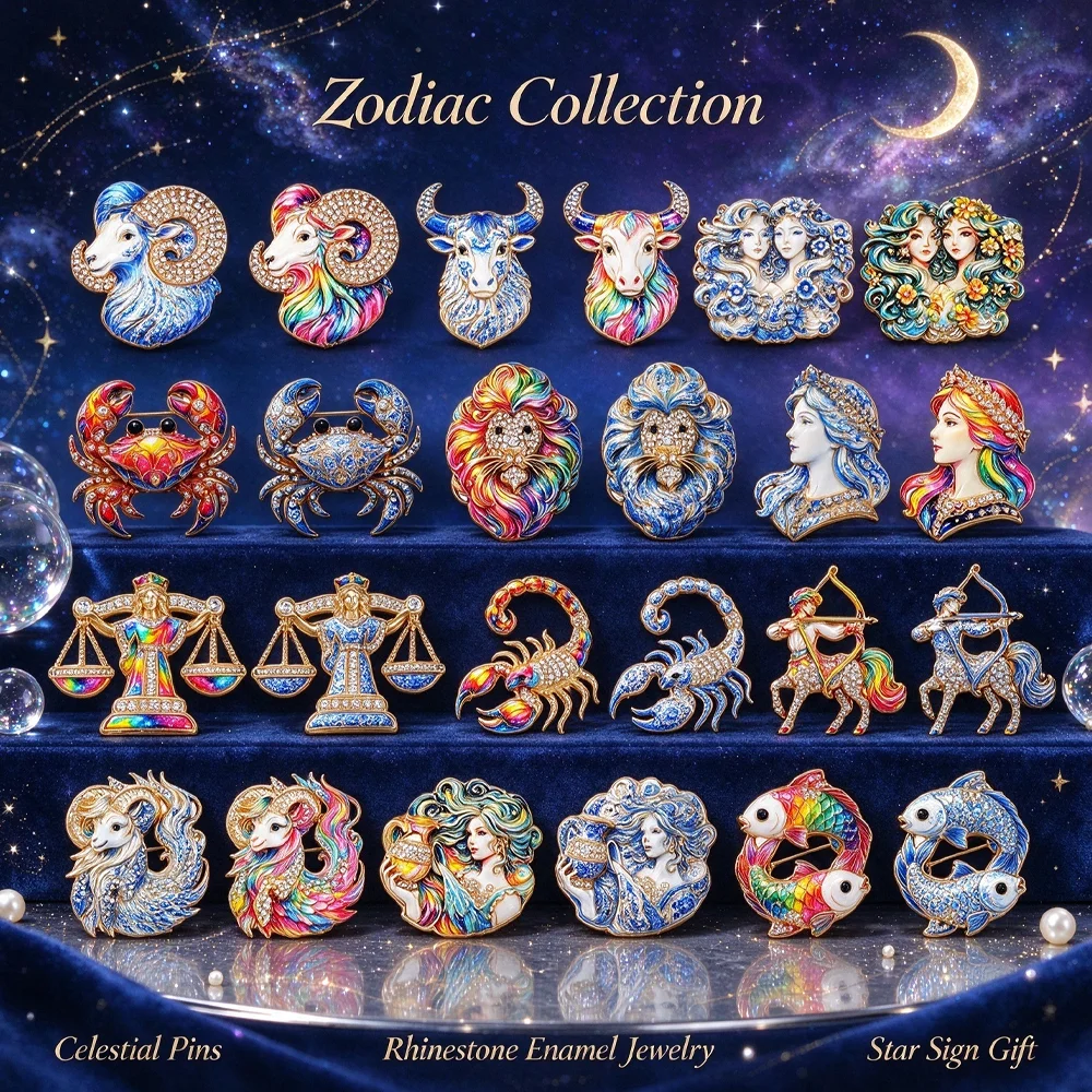 12 Constellation Rhinestone Brooch Colorful Enamel Zodiac Sign Lapel Pin Clothes Backpack Jewelry Gift