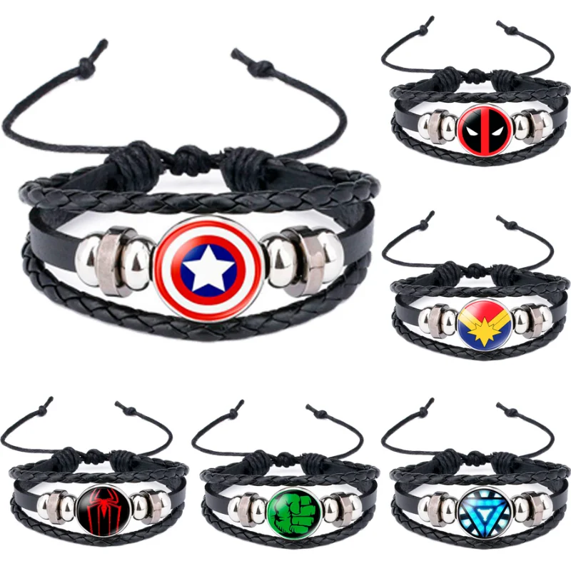 Marvel Bracelet Captain America Spiderman Hulk Deadpool Leather Accessories Anime Figure Cosplay Bracelet Kids Toys Gifts