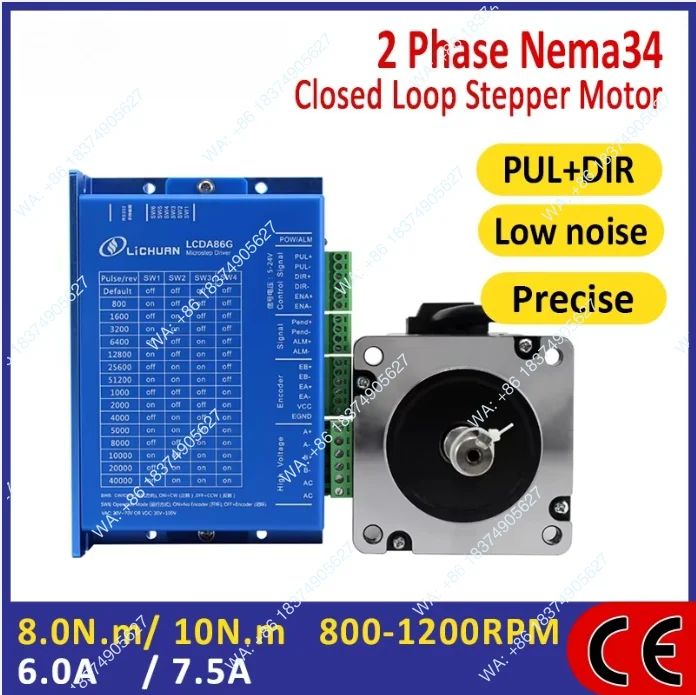 2-Phase Nema34 Stepper Motor Kit DC30V~ 100V/AC20V~ 70V 6.0A/7.5a 1000PPR 8N.m/10N.m Closed Loop Stepper Motor Driver Kit