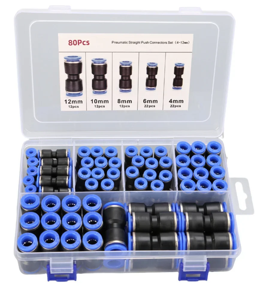 Quick Pneumatic Fitting Push-In Connector Straight Combination Box 4mm/6mm/8mm/10mm/12mm - Assorted Size Air Tool Connectors