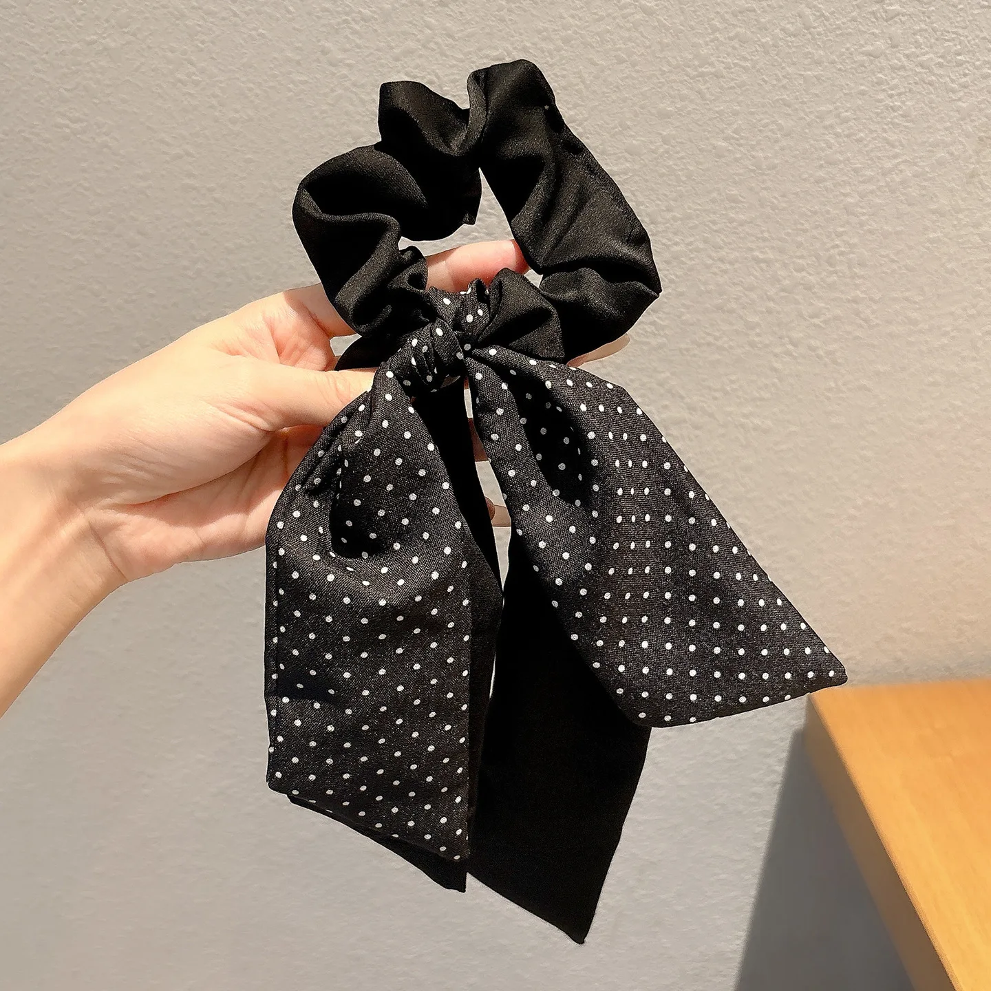 Fashion Black White Dots Scrunchies Long Ribbon Hair Ties Elastic Ponytail Elastic Band Daily Use Hair Accessories for Women
