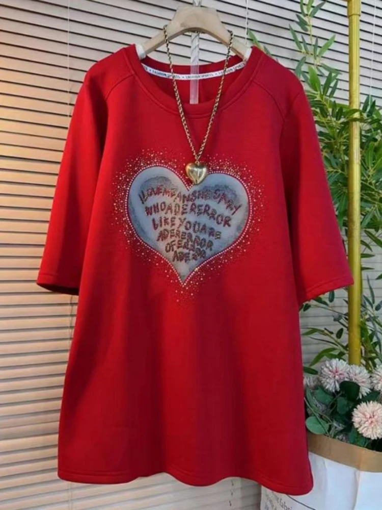 100กก.ผู้หญิงขนาดใหญ่ฤดูใบไม้ผลิฤดูร้อน2025ใหม่แฟชั่นTเสื้อผู้หญิงHeavy Industry Loveอเนกประสงค์Slimเสื้อยืดแนวโน้ม