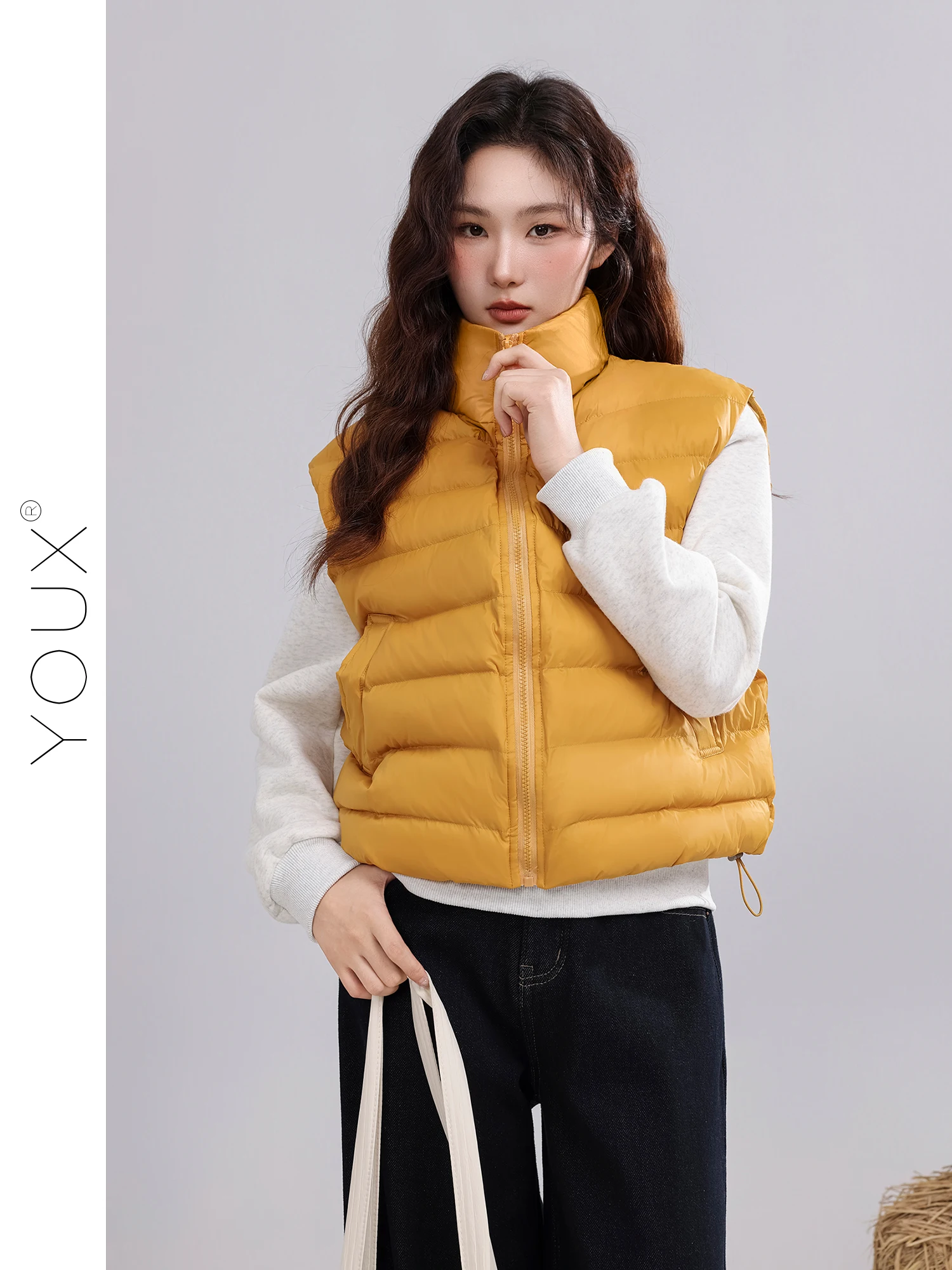 

Retro Stand Collar down Vest Women's Warmth Casual Outerwear Autumn Winter Fashion Polyester Fiber White Duck down Filling