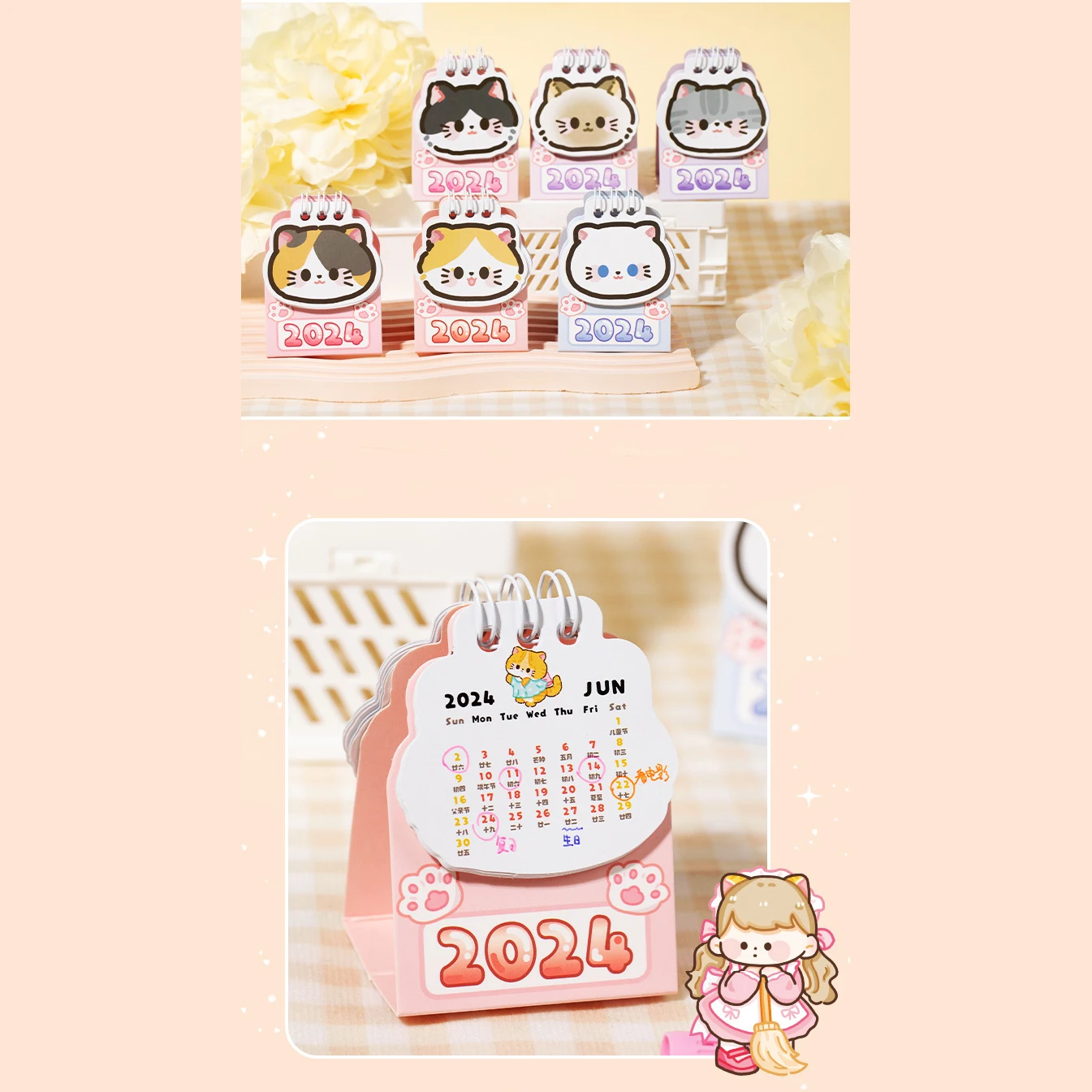 Mr. Paper Cute Cat Desk 2024 Calendar Cartoon Mini Portable Calendar Record Book Kawaii Desk Accessories Supplies 6 Style