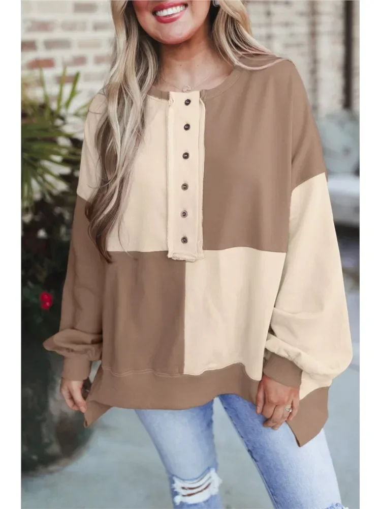 

Fashion Spliced Contrast Color Sweatshirts Women Spring Autumn New Long Sleeve Button V Neck Casual Pullover Tops Streetwear