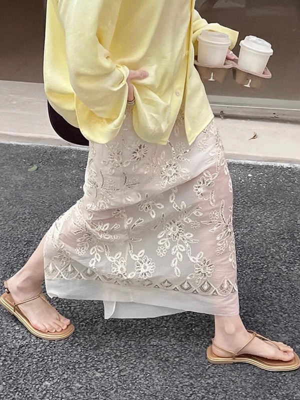 تنورة أنيقة بتصميم مفرغ ومطرز على شكل حرف A للنساء، تصميم بخصر متوسط، مناسبة للربيع والصيف، أسلوب عملي، قماش عالي الجودة