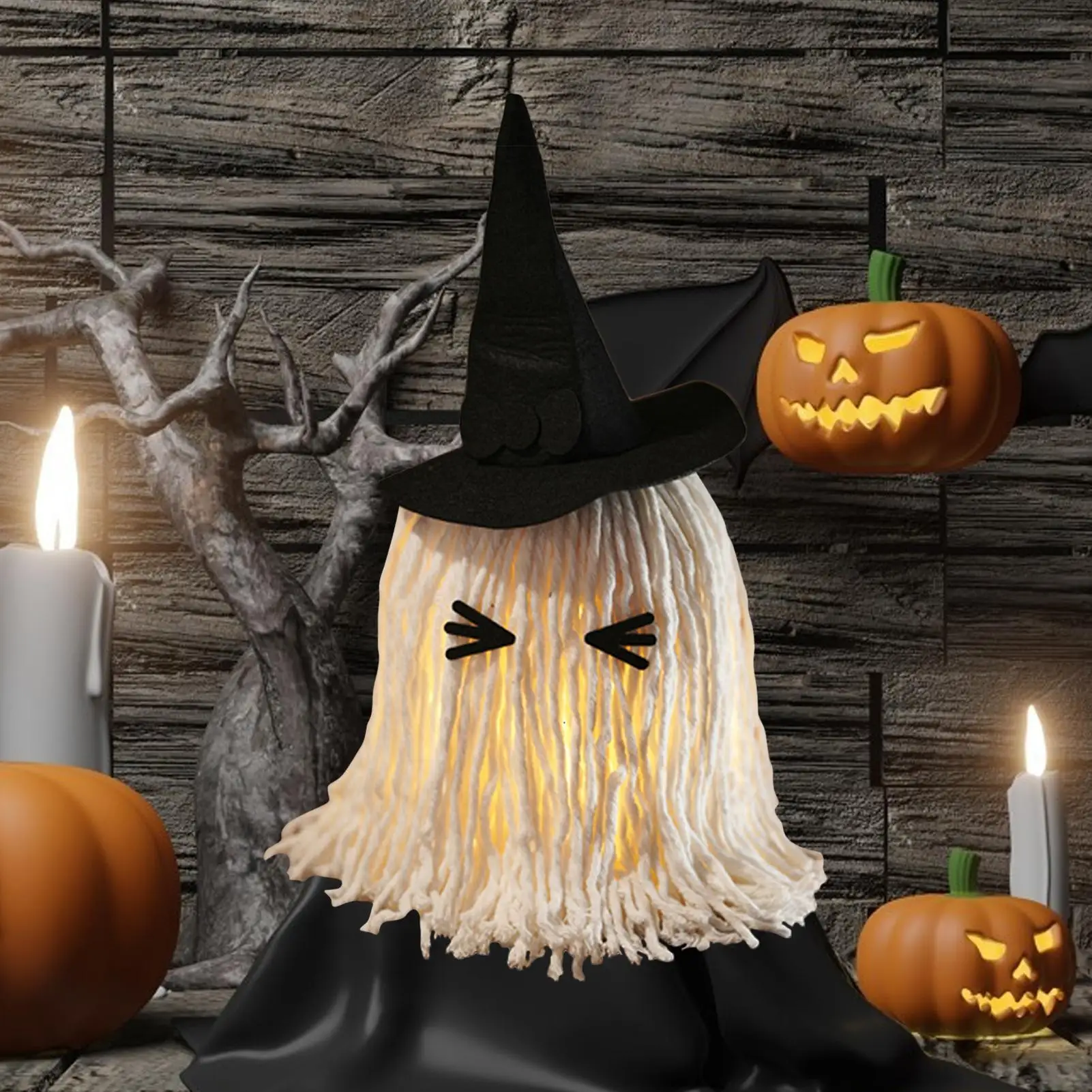 Halloween Decorations Light Up Ghost Adorable Table Decor Lighted Mop Ghost with Witch Hat Scary Haunted House Props for
