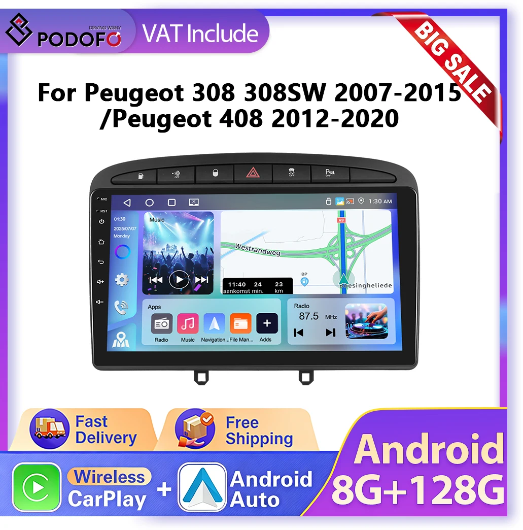 Autoradio Android Podofo 9" 2DIN CarPlay Lettore Multimediale Auto per Peugeot 308 308SW 2007-2015 408 2012-2020 Stereo Intelligente GPS 4G WIFI FM RDS Ricevitore BT 360 ° Unità di controllo CAM