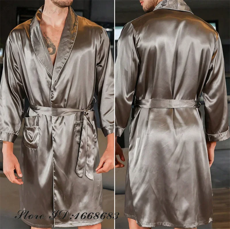 New Men Robe with Pocket Spring Summer Male Sleepwear Kimono Bathrobe Gown Loose Casual Silk Satin Homewear Loungewear Lingerie
