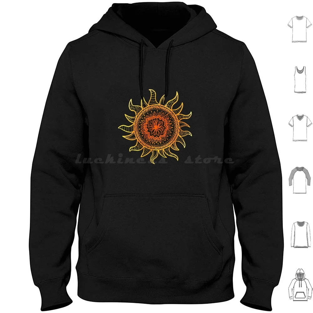 Sun Mandala Hoodie Cotton Long Sleeve Sun Sunny Mandala Hipster Bright Nature Yellow Orange India Sunburst Pattern Patterned