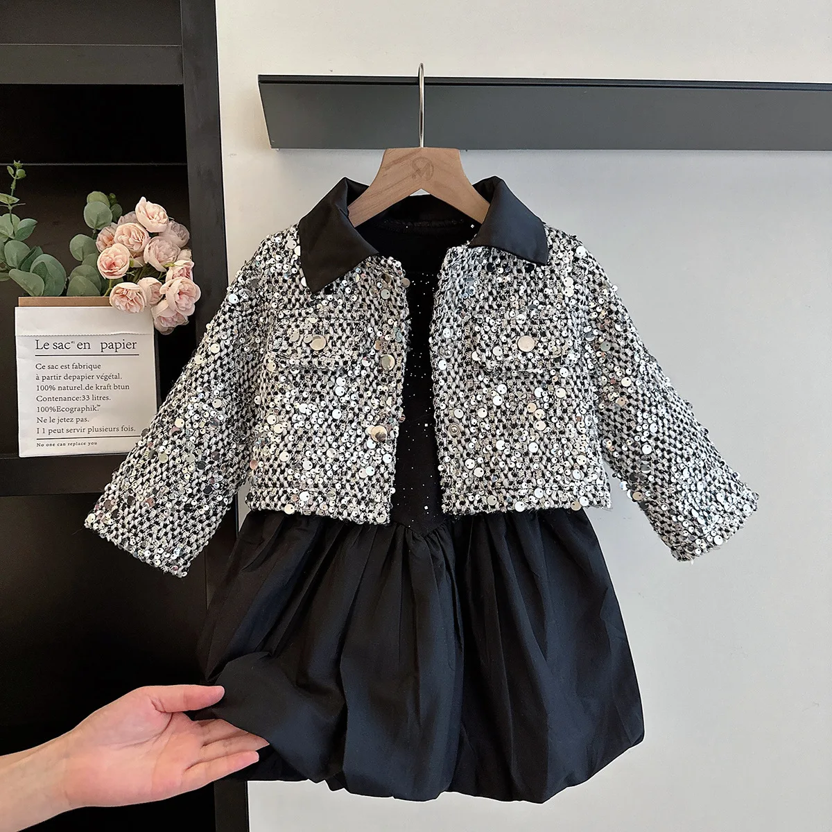 

Sequined Outwear Coat Children Knee-length Dresses Suit Autumn Winter Kids Baby Girls Elegant Clothing Set Pretty Princess
