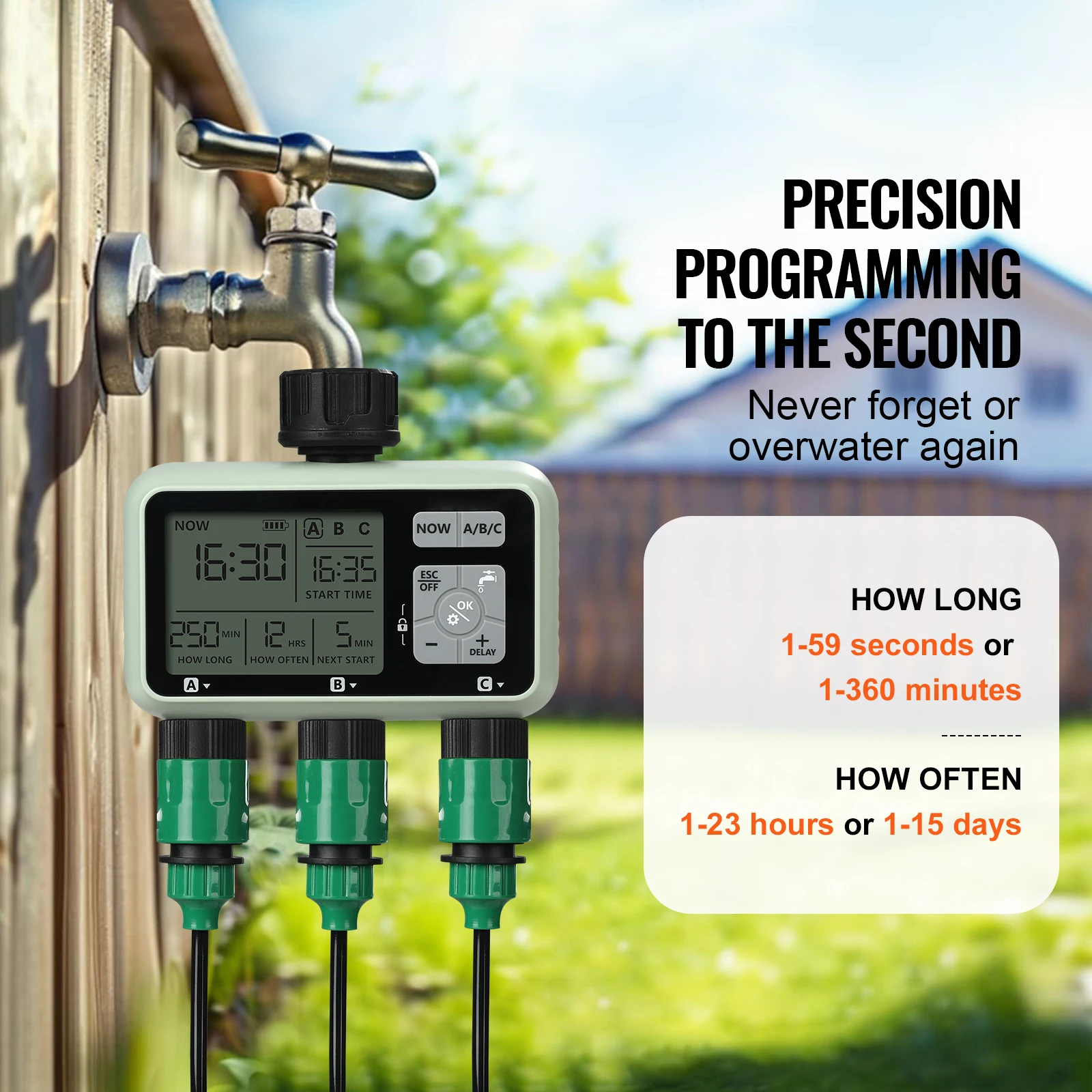 Water Timer 3 Outlets Hose 3 Independent Watering Zone LCD Display Rain Delay Mode Manual Mode Watering Sprinkler Timer