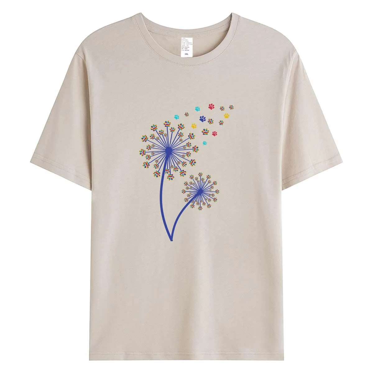 

Colorful Dandelion Paw Prints Women T-Shirt Dog Mom Rescue Pet Lover Graphic Tee Summer Cotton Tops Casual Short Sleeve