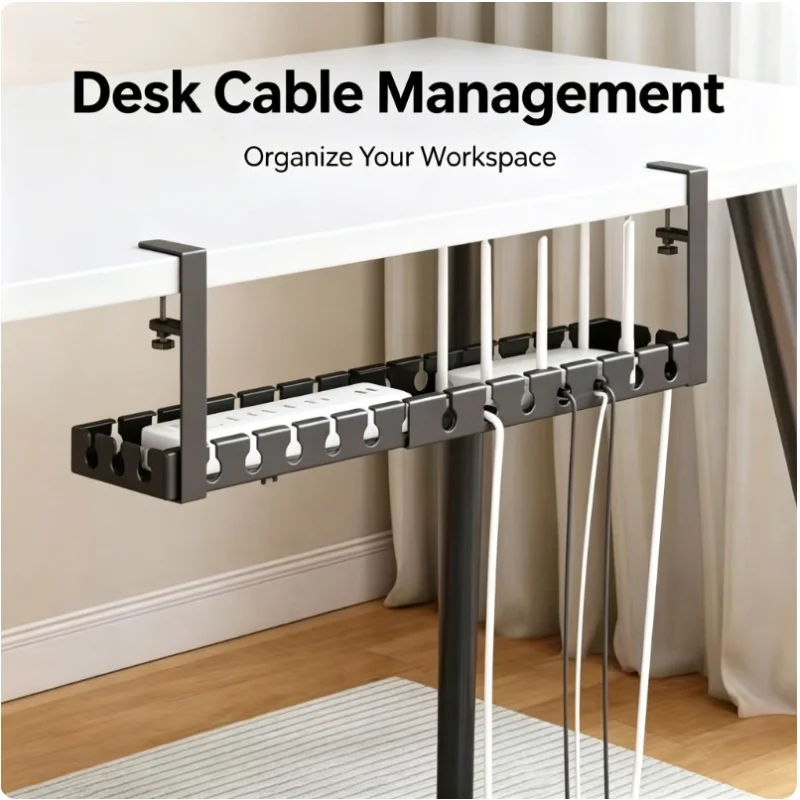 Under Table Telescopic Storage Rack Metal Cable Management Tray No Punching Desk Wire Organizer Home Office Accessories