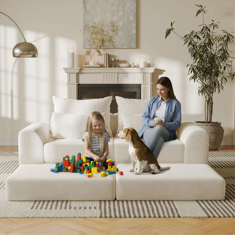 

loveseat with Ottoman, LShape Boneless Couch, Customizable Sectional Couch, Free Combination Design Sleeper Sofa, Cloud Mist