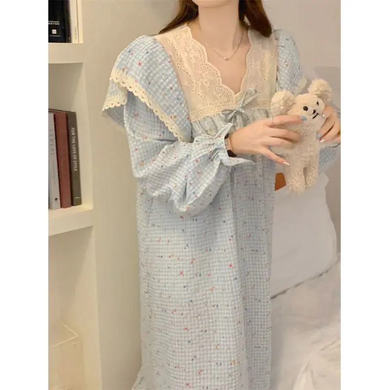 Piyama Lengan Panjang Bunga Renda Musim Semi Musim Gugur Versi Korea Baru Gaun Malam Pakaian Rumah Gaya Putri untuk Pakaian Wanita