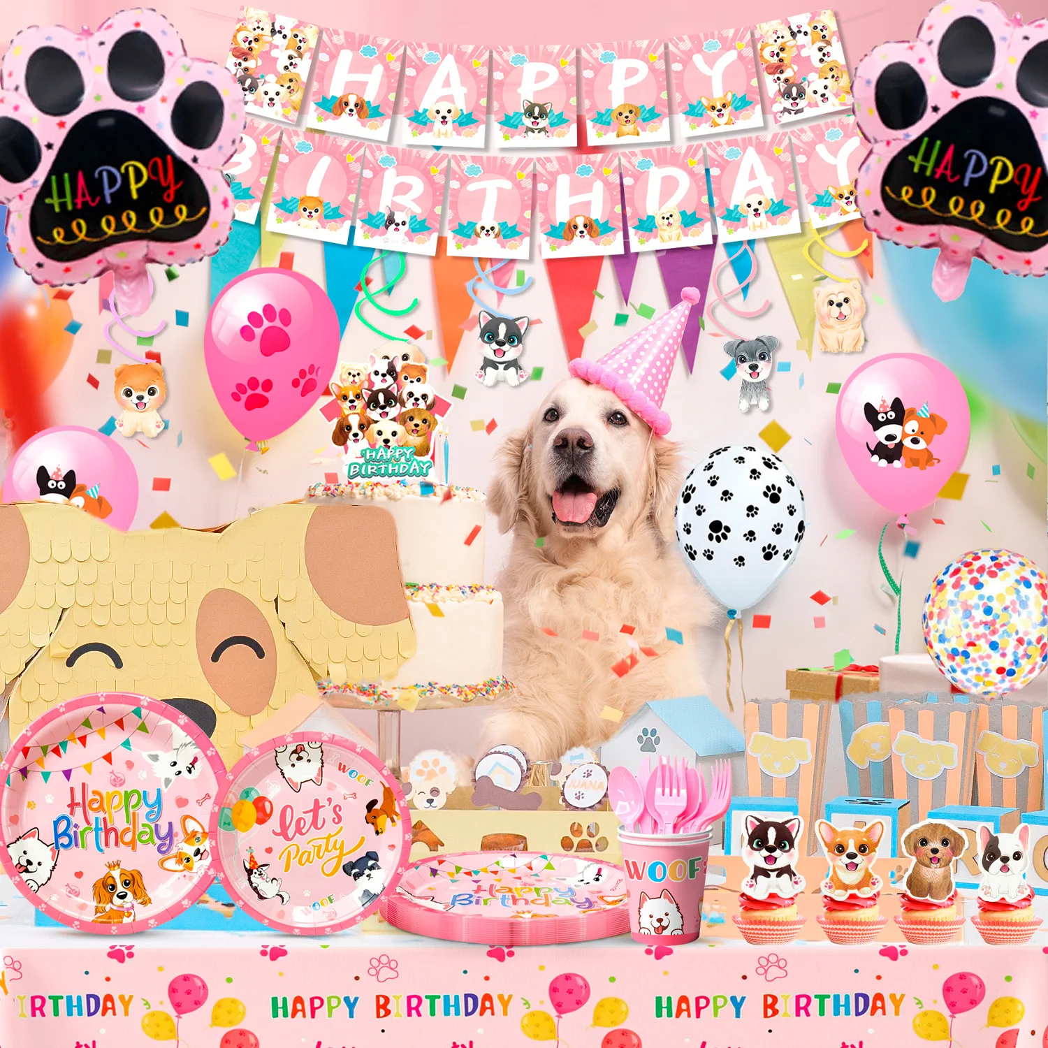 Puppy Birthday Decorations,161pcs Decorations&Pink Dog Tableware Set- Plates Cups Napkins&Birthday Banner Balloons Cupcake etc