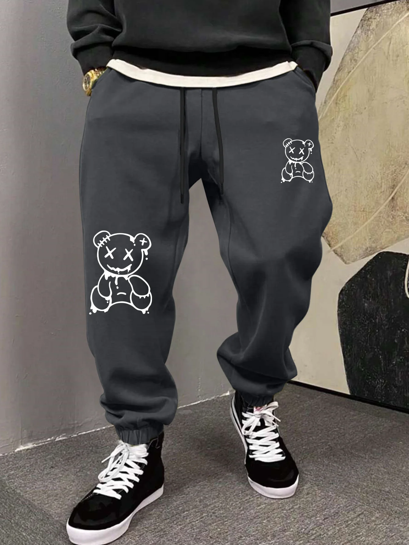 Men Jogger Sweatpants, Distorted Evil Bear Cartoon Graphic Elastic Cuff Drawstring Streetwear Casual Pants