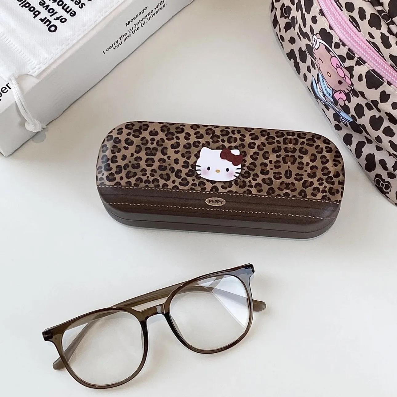 

Kitty Cat Leopard Pattern Folding Glasses Storage Box Student Cute Girl Creative Personality Portable Sun Glasse Case Gift