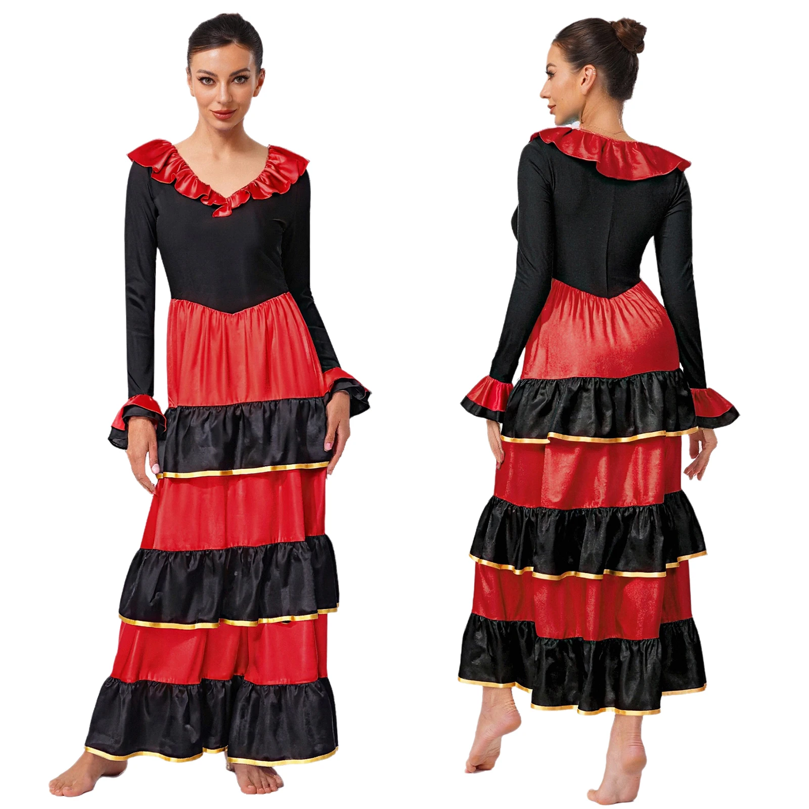 Robe de danse espagnole Flamenco pour femmes, à volants, couleur contrastée, grande balançoire, manches longues, col en V, pour salle de bal, fête de danse