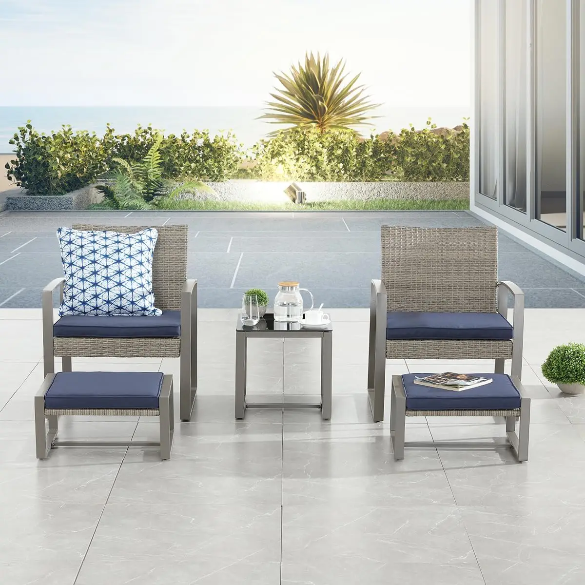 5 Pieces Patio Bistro Set, Outdoor Wicker Furniture Set Modern Rattan Patio Chairs with Side Table & Ottomans, Patio