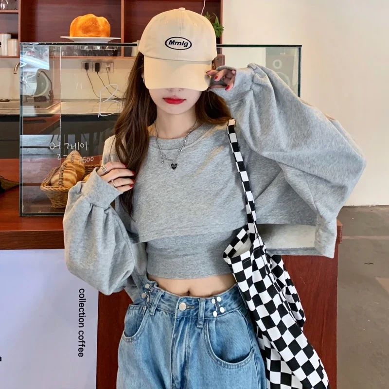 Women Causal Sweatshirts Loose Solid Crop Tops Hip Hop Dance O-neck Hoodies Baggy High Street Long Sleeve Bolero 2 Pieces Sets