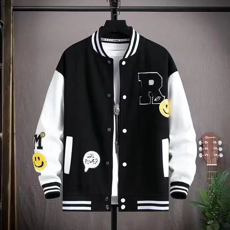 Smiling Face Embroidery Baseball Jacket Preppy Style Patchwork Outerwear Coat Men\'s Clothing Vintage Streetwear Hip Hop Jacket