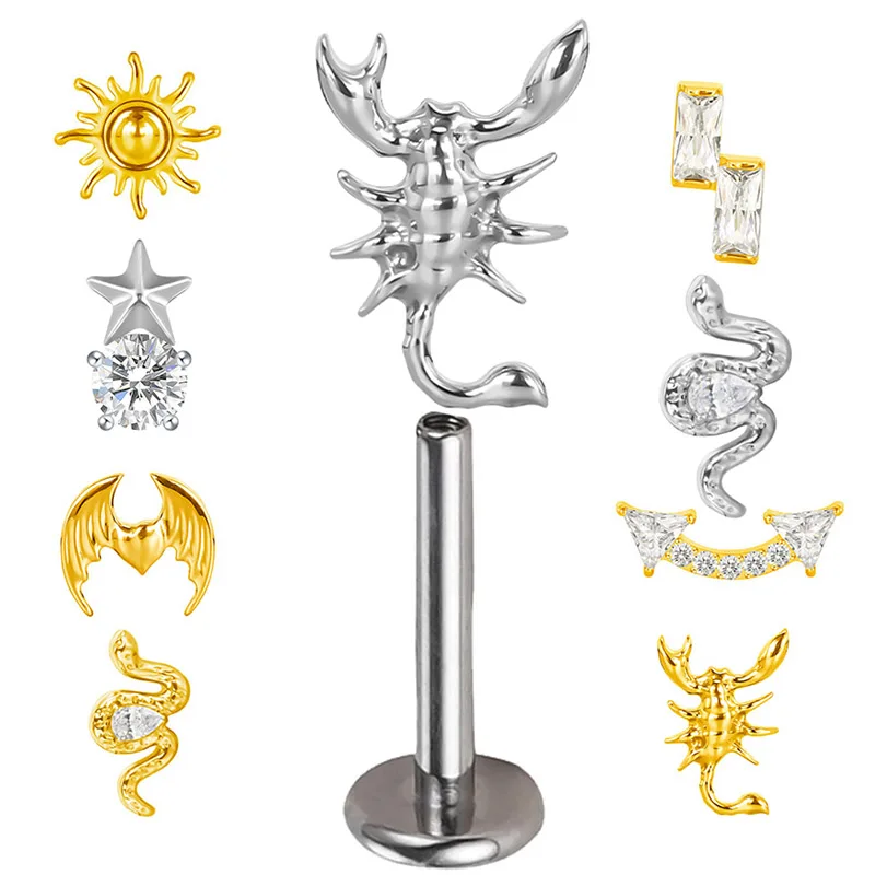 

ASTM F136 Titanium Ear PIERC Scorpion Sun Earrings CZ Paved Top Threaded Labret Ear Stud Tragus Lip Labret Body Piercing Jewelr