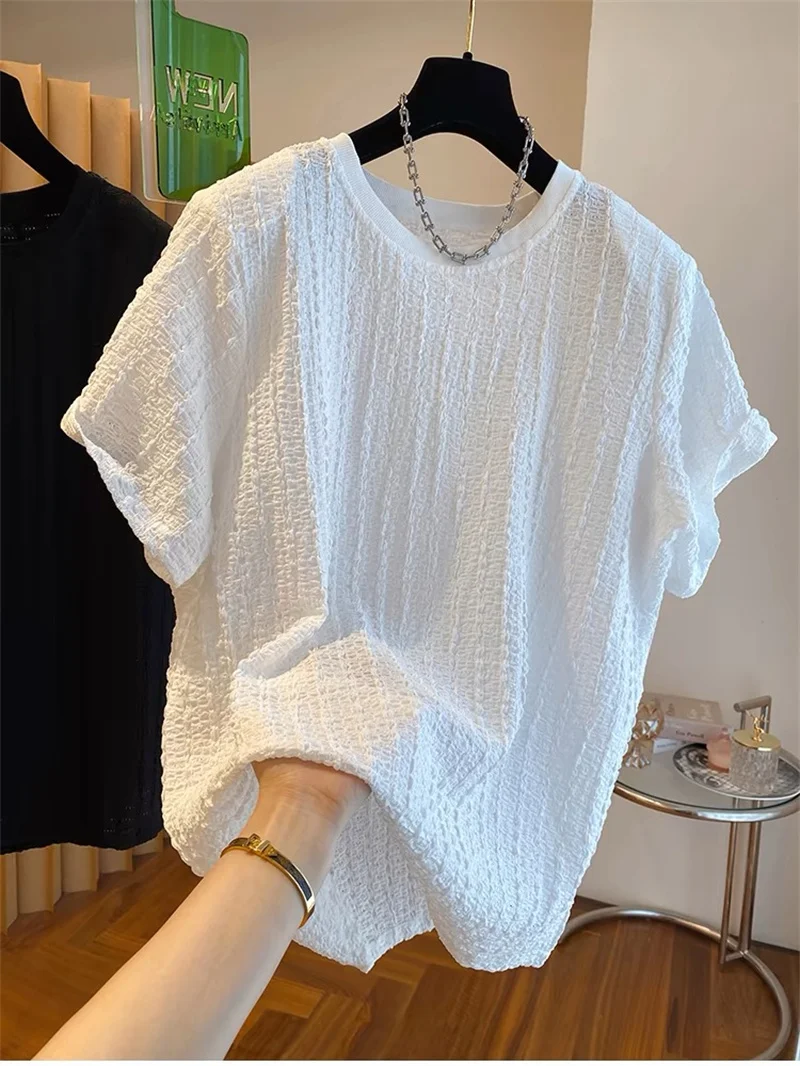 

Korean Style Textured Folded Short Sleeve T-Shirt Women's Loose plus Size Summer Base Top White Texture Folded T-Shirt