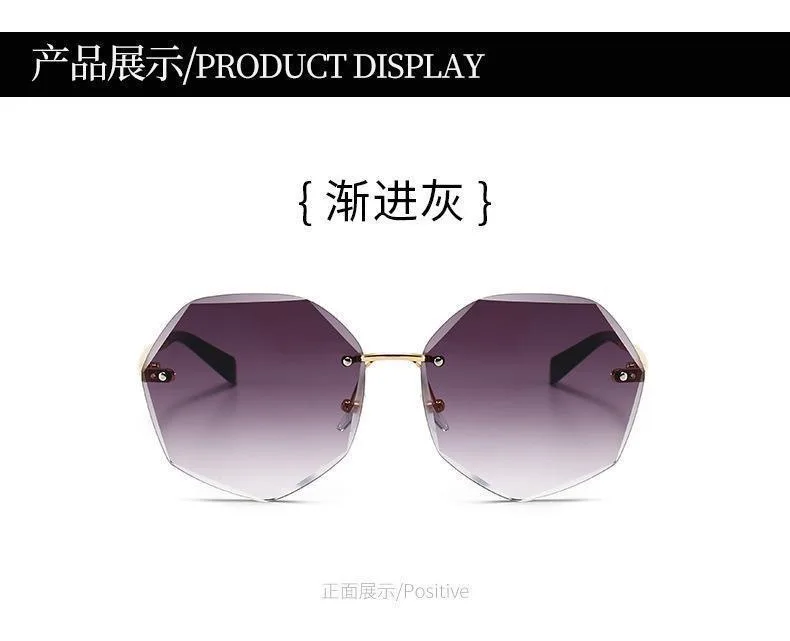 Rahmenlose Damen-Sonnenbrille mit Schnittkante, fortschrittliches Gefühl, Metall, robustes Scharnier, trendige Sommer-Sonnenbrille – Detail 6