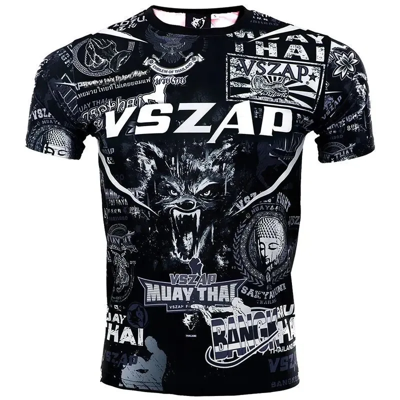 VSZAP الرجال قصيرة الأكمام MMA اللياقة البدنية الرياضة القتال تي شيرت سريعة الجافة مرونة طومسون القتال نمط فنون الدفاع عن النفس الملابس