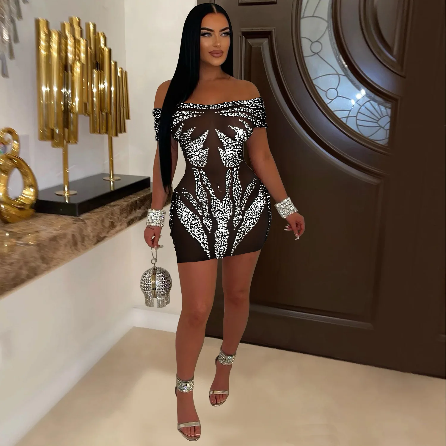 C6926 Modny damski seksowny kombinezon z krótką spódniczką z diamentami i gorącym tłoczonym wzorem