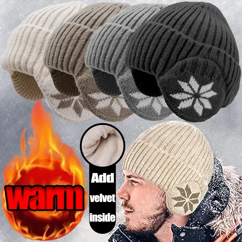 

Warm Knitted Ear Protection Hat Add Velvet Inside Cap Plush Polyester Skullies Thermal Beanies Winter Outdoor Cycling Head Cap