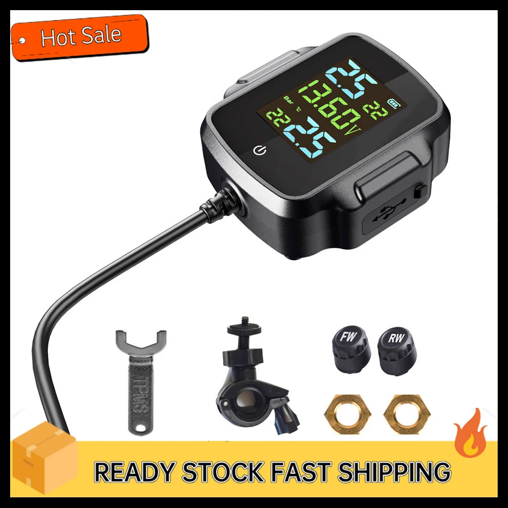 Tire Pressure Detector Motorcycle Tire Pressure Monitor Monitoring System with 2 Waterproof External Sensors Support USB Output