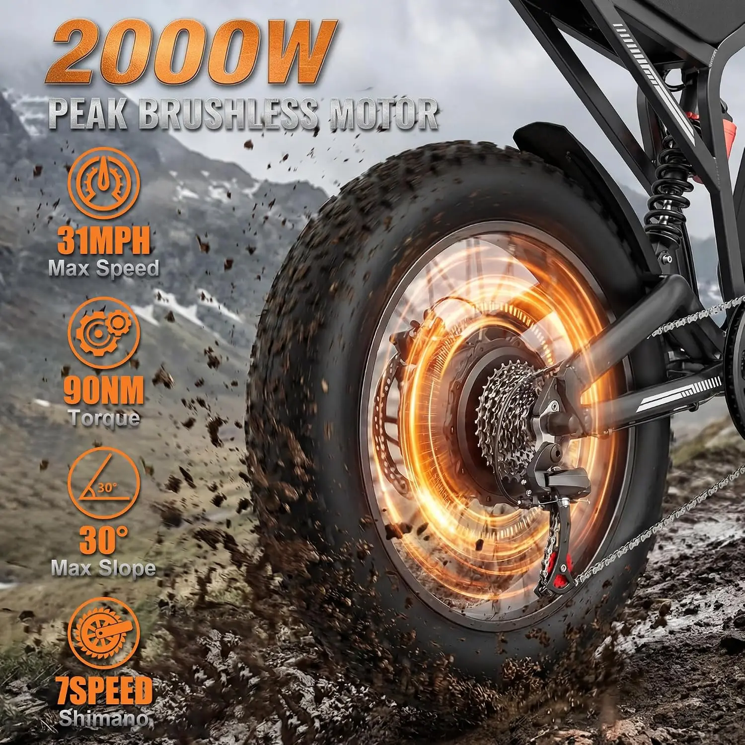 2000W-3000W Peak Motor Electric Bike, 70-80 Miles Range, 26