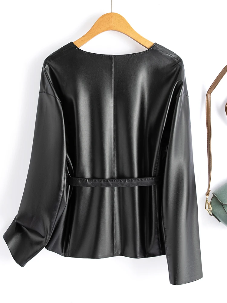 ファッショナブルなオートバイジャケット女性のレザーコートシープスキンバイカーアウターウェアスリムフィット春秋冬新作Sle