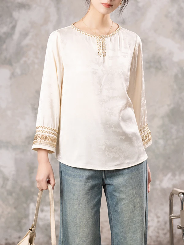 

Casual round Neck Beaded Shirt Base Layer Simple Spring 2026 New Style Elegant Top Women's Loose Fit Long Sleeve Polyester Fiber