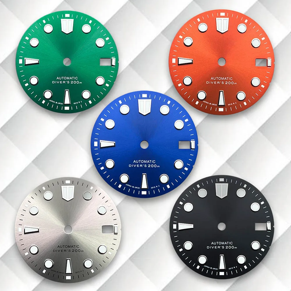 

28.5mm S Logo Sunburst Dial Green Luminous Fit NH35/NH36 Japanese Movement Latest styles Diving Watch Modification Accessories