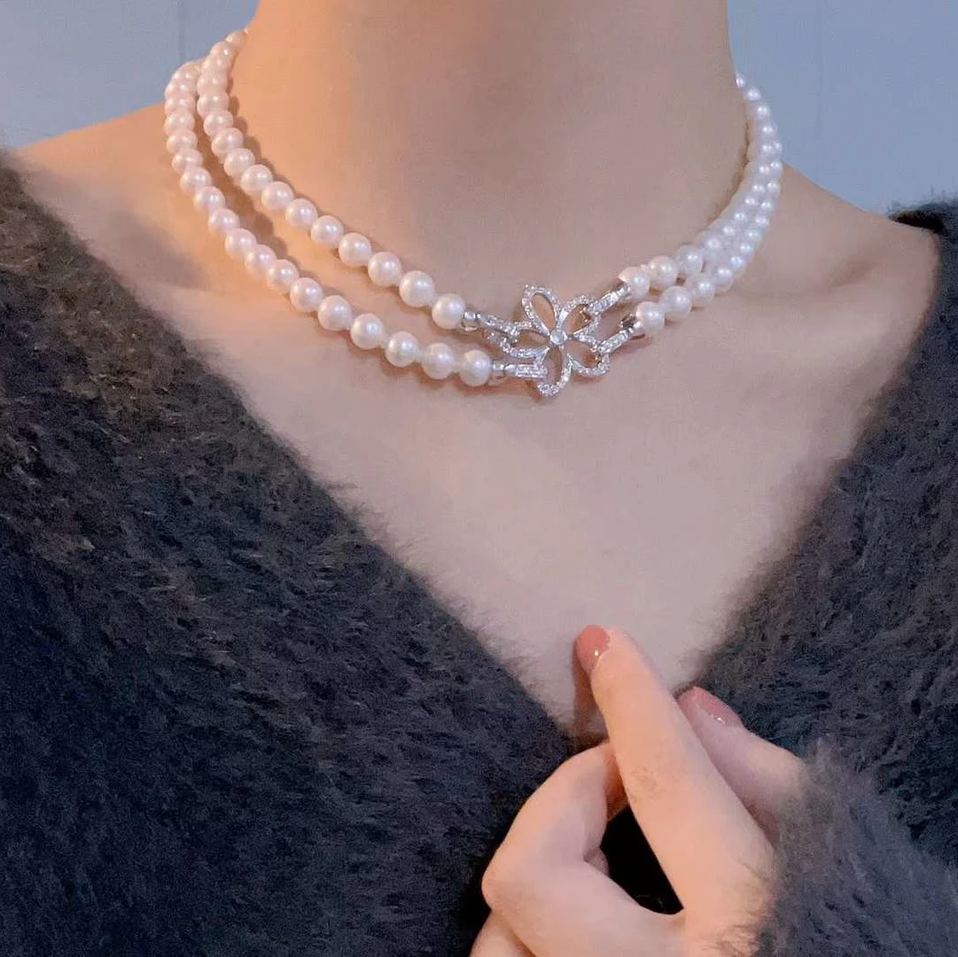 N 41+44CM Double-layer Leafless Collarbone Sweater Chain Freshwater Pearl Necklace Women Noble Pearl Jewelry Natural 7-8MM 1pcs